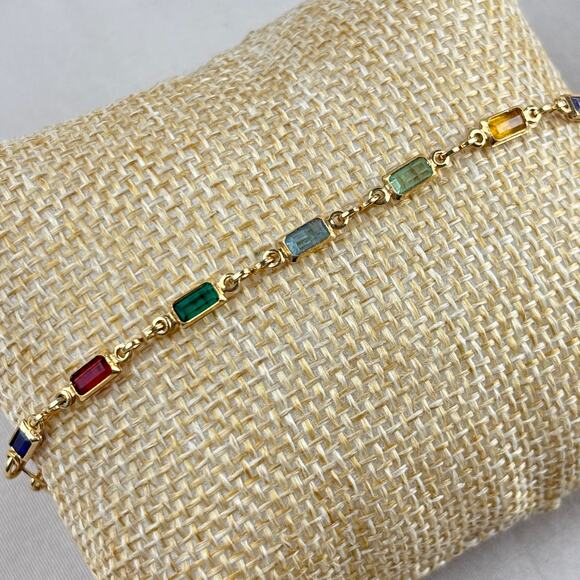 18k Gold Filled Colorful Cubic Zirconia Bezel 10" Chain Anklet - Picture 1 of 9